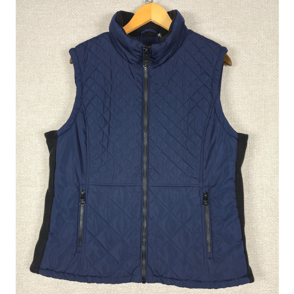 Andrew Marc Womens XXL Navy Blue Quilted Vest Ribbed Side Panels Full Zip Puffer
